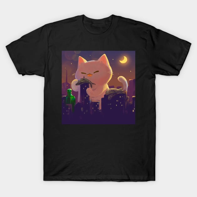 Cat Godzilla City Night T-Shirt by vooolatility